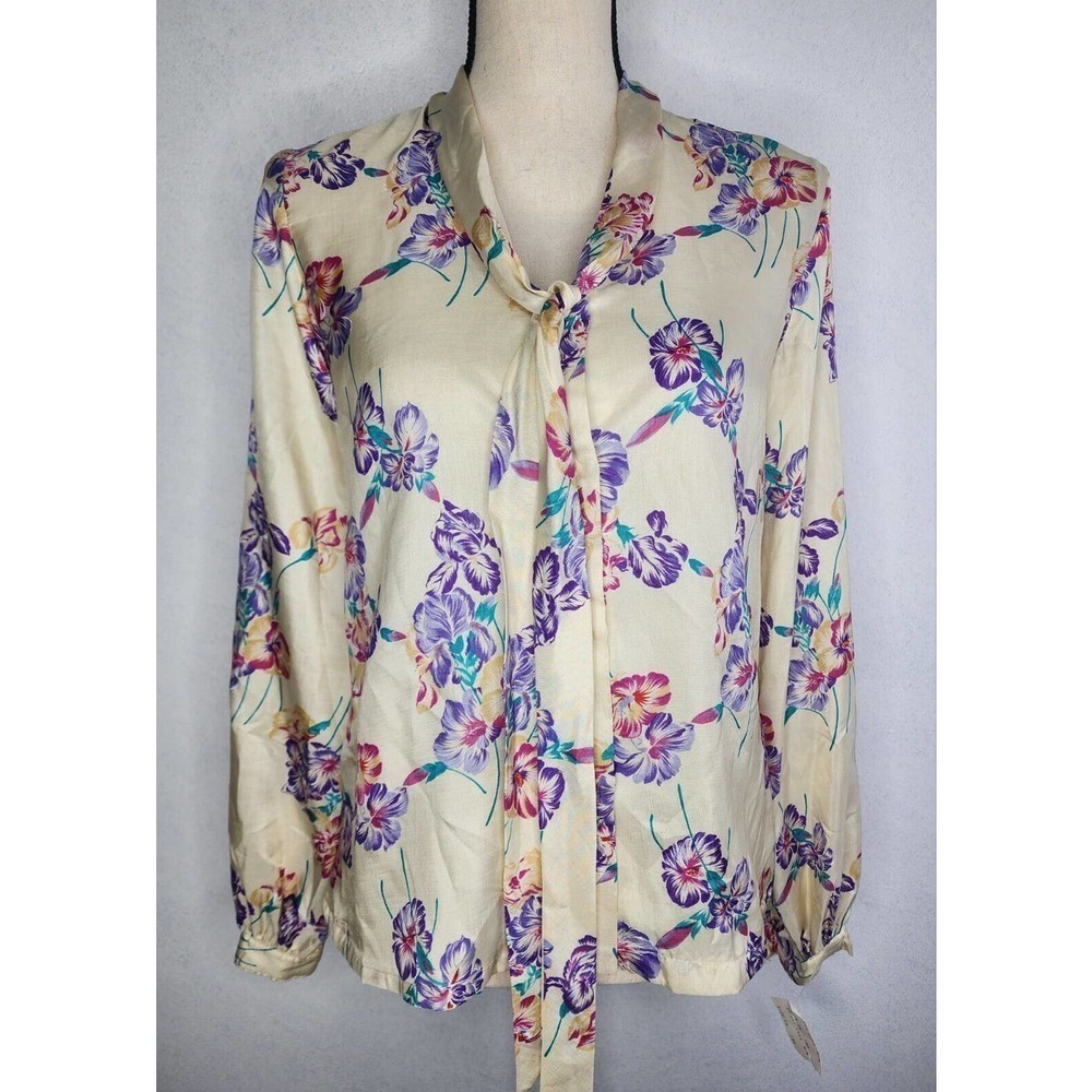 NWT VTG 70s Helen Fabrikant Floral Bow Secretary Blouse Women's Size 8